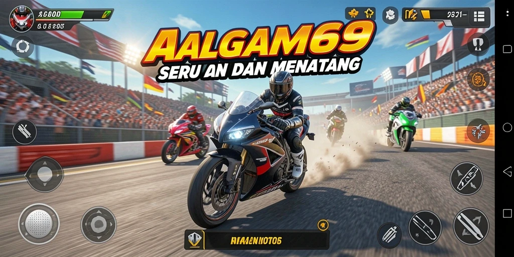 Tampilan gameplay seru dari AGAM69 saat balapan motor.