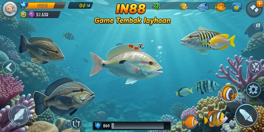 Screenshot utama IN88 menampilkan aksi menembak ikan yang seru.