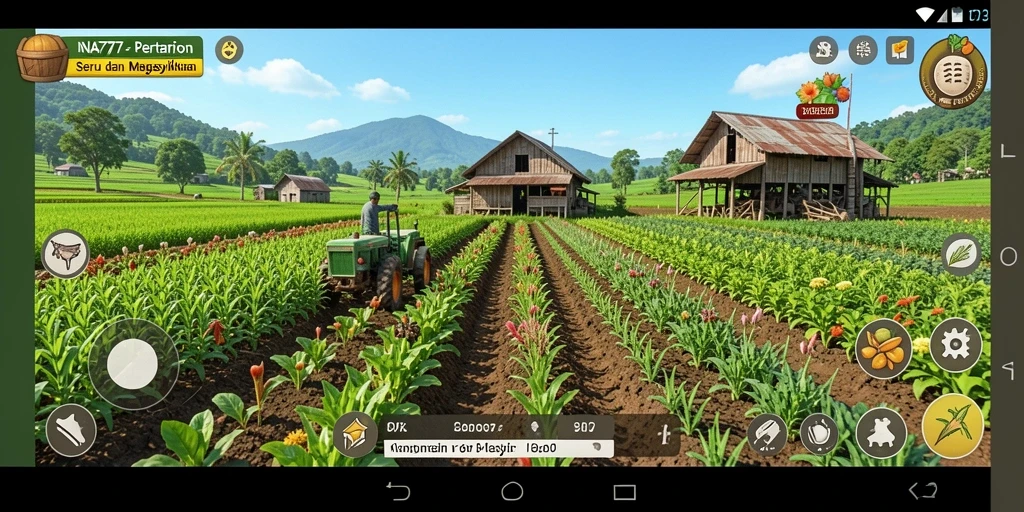 Screenshot gameplay NA777 menampilkan ladang yang subur dan hewan ternak yang bahagia.