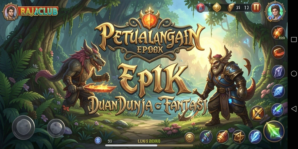 Tangkapan layar utama RAJACLUB menunjukkan aksi seru dalam pertempuran RPG.