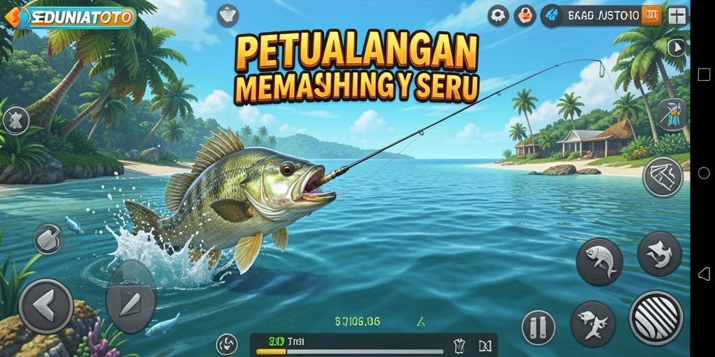 Gameplay SEDUNIATOTO yang menampilkan aksi memancing yang seru.